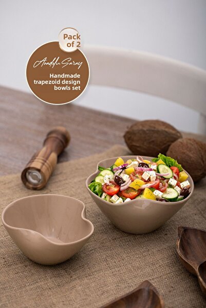Anadolu Saray 2Pcs Nordic Trapezoid Design Ceramic Bowl Set of 2 Modern Style Serving & Salad Presentation Bowl