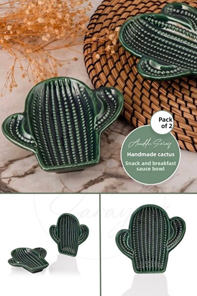 Anadolu Saray 2-Piece Cactus Design Handmade Ceramic Serving Bowl Sauce Bowl Jam Bowl Catering
