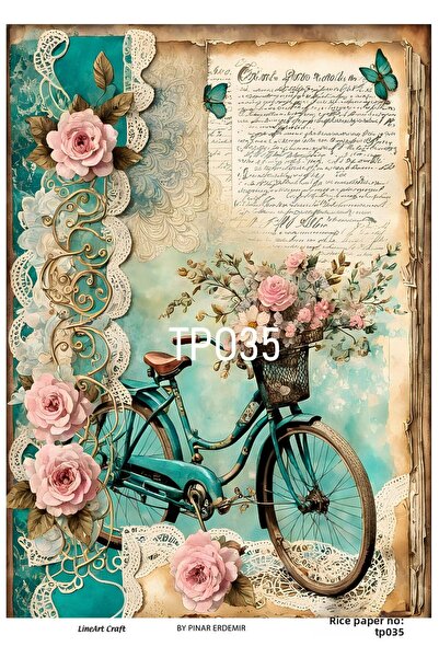 LİNEART Vintage Bicycle Flower Patterned Tpo Brass Decopage - 29X42Cm