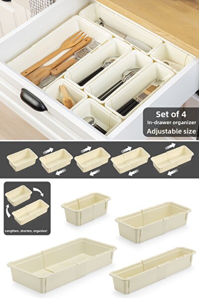 Meleni Home Σετ 4 ρυθμιζόμενων μαχαιροπήρουνων - Επεκτάσιμο συρτάρι Modular Organizer Organizer κουζίνας Μπεζ