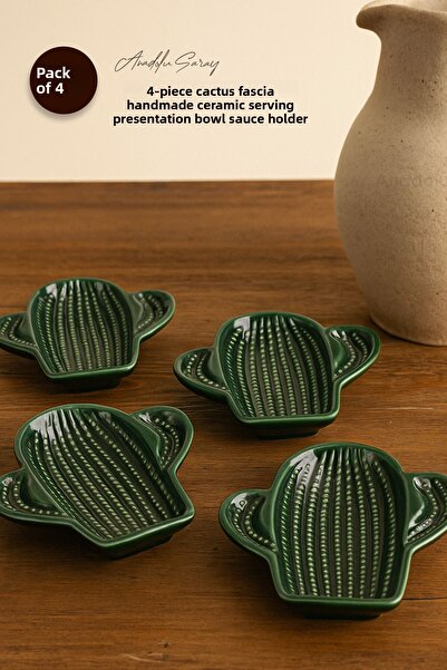 Anadolu Saray 4-Piece Cactus Design Handmade Ceramic Serving Presentation Bowl Sauce Bowl Jam Bowl Treat