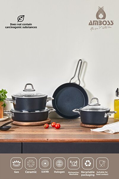 Amboss Shadow 7 Piece Fireproof Non-Stick Crush-Granite Pot Set - Black