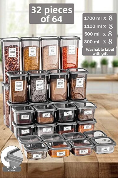 Home Fluorite 32-Piece 64-Piece - Square Food Storage Set with Lid 8X(0.3 Lt-0.5 Lt-1.1 Lt-1.7 Lt) Spice Rack