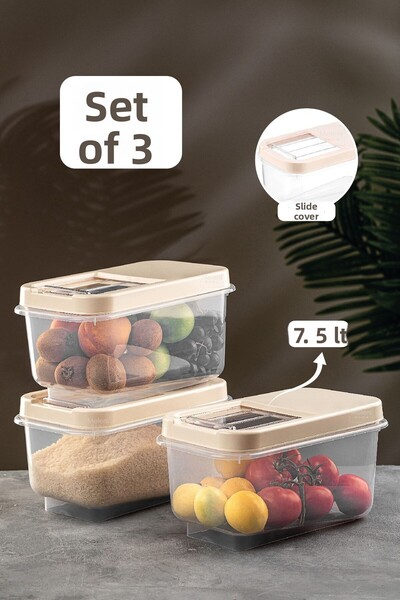 Meleni Home حاوية تخزين البقوليات المكونة من 3 قطع سعة 7.5 لتر - حاوية تخزين الطعام مع غطاء منزلق كريمي
