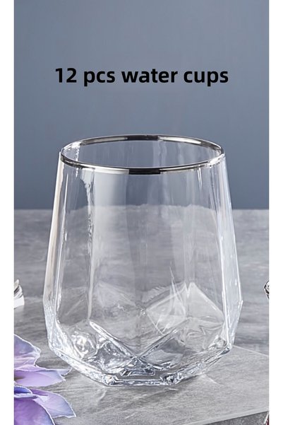Şahika Kristal cama atılan imza 61 Piece Premium Platinum (Silver) 12-Person Glass Cup Set Dowry Water Set Tableware