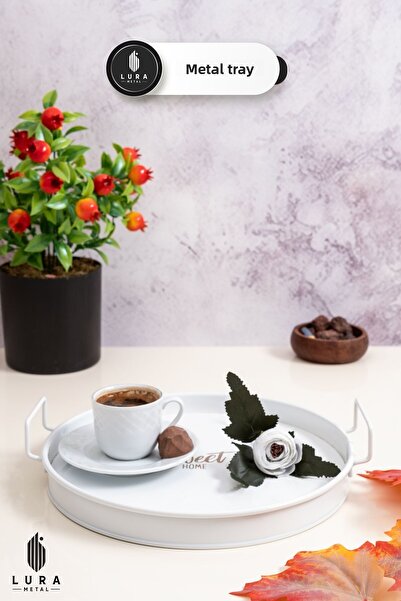 Skygo صينية شاي معدنية مطبوعة من White Swet Home مقاس 25 سم - تصميم أنيق وعصري