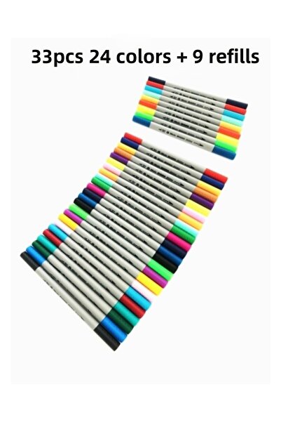 Masis Double Ended Brush Pen Fineliner and Brush Tip - Set of 33 with Pen Holder