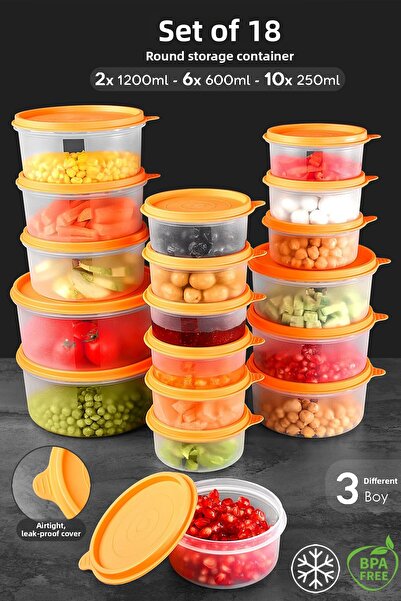 Meleni Home Orange Round Food Storage Set of 18 - 10X250 6X600 2X1200Ml Food Container