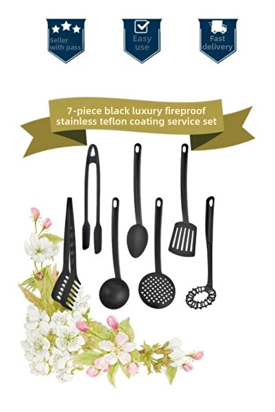 Cocina Grande 7-Piece Black Non-Stick Teflon Coating Serving Set Ladle Spoon Colander Spatula Tongs Beater