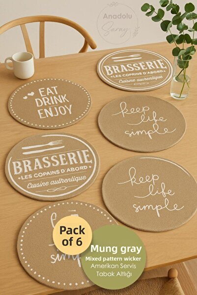 Anadolu Saray 6 Pieces Patterned Straw Supla Set of 6 American Serving Supla Plate Pan Pot Mat