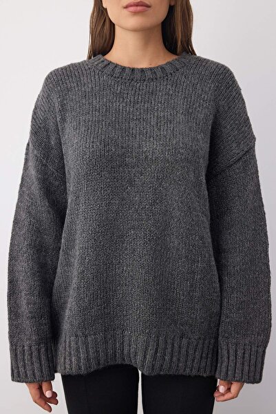 Trendyol Collection Wardrobe Essentials Anthracite Soft Textured Wide Fit Basic Knitwear Sweater |   Twoaw26Kz000730