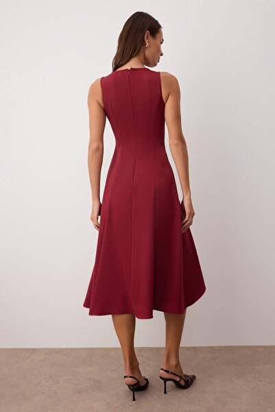Trendyol Collection Burgundy Plain Accessory Detailed Midi Woven Dress Twoaw26El00116