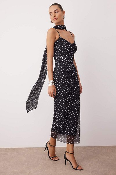 Trendyol Collection Black-White Polka Dot Patterned Scarf Detail Tulle Maxi Knitted Dress Tprss25El00314