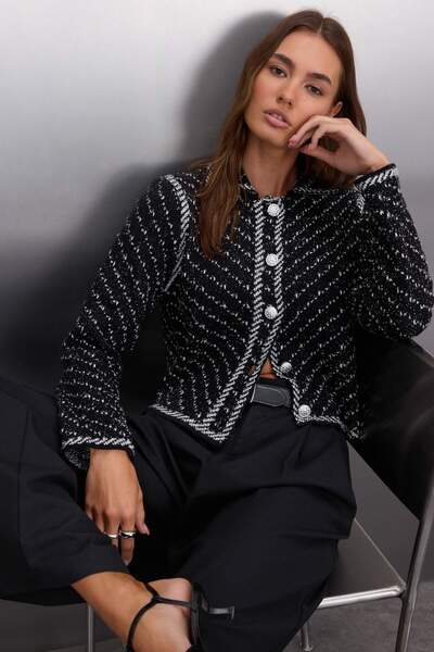 Trendyol Collection Black Jacket Collar Glittery Knitwear Cardigan Twoaw26Hi00258