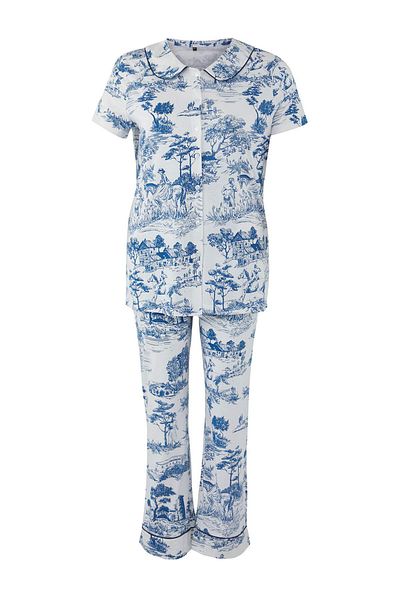 Trendyol Curve Blue Flower Patterned Baby Collar Knitted Pajamas Set Tbbaw26Ai00002