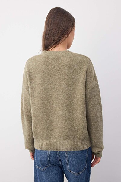 Trendyol Collection Wardrobe Essentials Oil Green Wool Wide Fit V Neck Knitwear Cardigan |   Twoaw26Hi000830