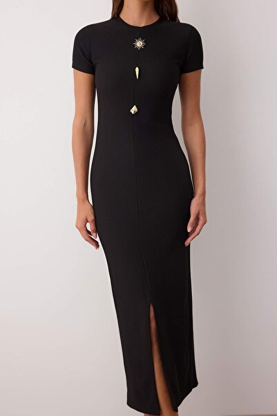 Trendyol Collection Rochie neagră de tricotat midi, cu guler ridicat, cu detaliu de nasturi, otomană, TWOAW26EL00197