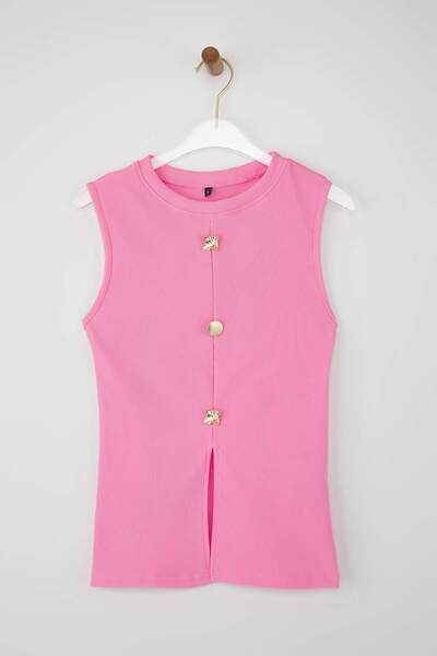Trendyol Collection Pink Accessory Button Crew Neck Regular Size Vest Knitted Blouse Twoss25Bz00558