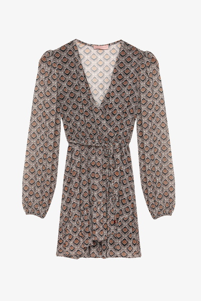 Quzu Retro Geometric Patterned Double Breasted Collar Mini Dress Brown