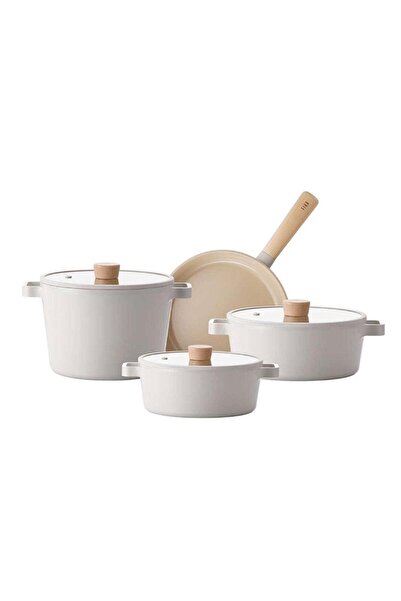 NEOFLAM طقم أواني طهي من 7 قطع من الفيكة البيج مع غطاء زجاجي D-NEOFS7