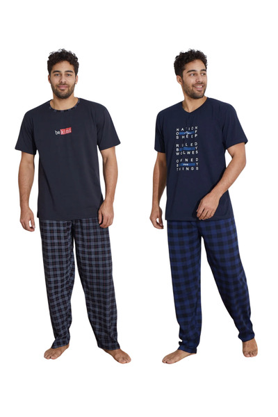 Ayans Pijama 2-Piece Combed Cotton Plaid Men's Single Jersey Pajama Set Summer