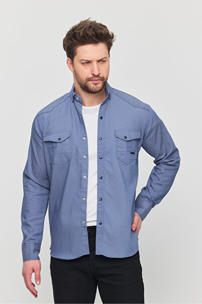 YXC Ανδρικό τζιν πουκάμισο Slim Fit μπλε