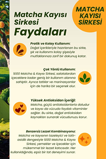 Mim and More Matcha & Kayısı Sirkesi - Doğal Fermantasyon, %100 Doğal, Katkısız, 250 ml