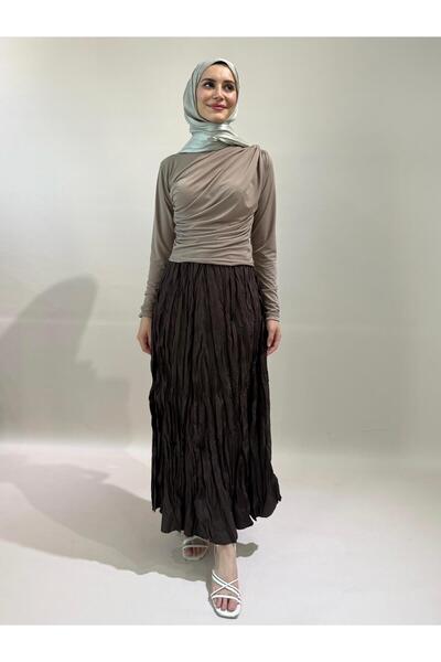 RESSHO Brown Crush Crinkle Long Skirt
