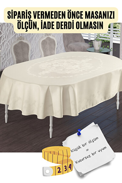 NEEA HOME Oval Masa Örtüsü - Krem Renk - Su Itici, Leke Tutmaz, Yıkanabilir %100 Polyester Oval Masaörtüsü