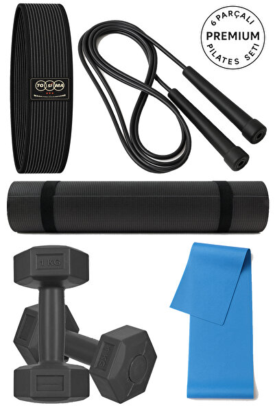 Tosima 6 Parça Pilates & Fitness Seti – 6mm Pilates Minderi, Squat Bant, Atlama İpi, 2x1 Kg Dambıl