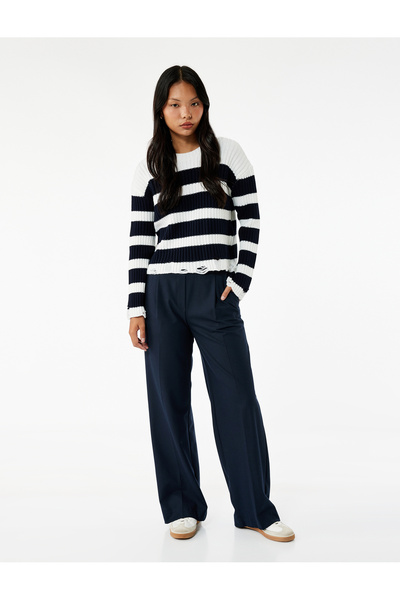 Koton Color Block Long Sleeve Crew Neck Ripped Detail Knitwear Sweater