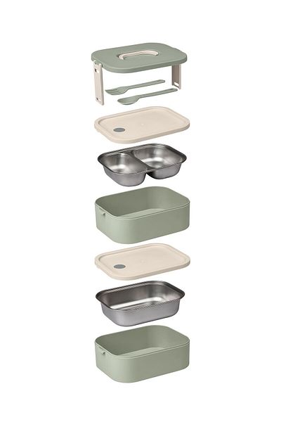 Okyanus Home Lunch Box with Stainless Steel Chamber 2 Layer Self Fork Spoon Lunch Box Green