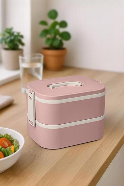 Okyanus Home Lunch Box with Stainless Steel Chamber 2 Layers Self Fork Spoon Lunch Box Pink