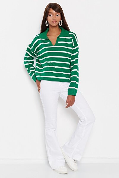 Hopoi Pulover de damă cu guler polo cu dungi verzi T3111