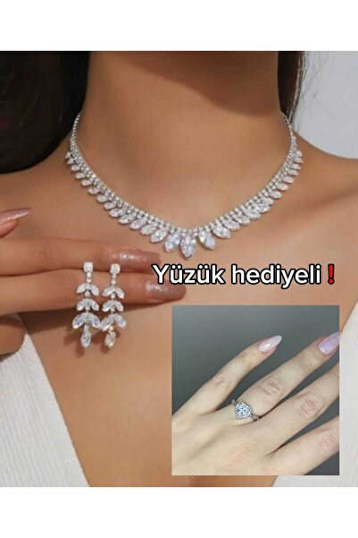 JUPİTER HOME Gelin Aksusear Gümüş Kaplama Su Yolu Kolye ve Küpe Seti 2,li Set...