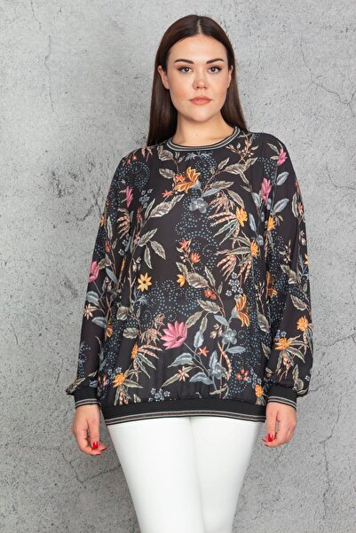 Şans Kadın Büyük Beden Siyah Sim Ribana Detaylı Şifon Bluz 65n30255