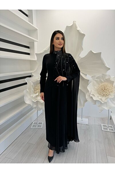 White Corner 3141 ŞİFON DETAYLI TAŞLI ELBİSE