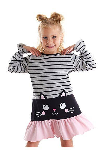 Denokids Dívčí šedé zimní šaty - černá kočka pruhovaná