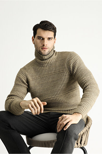 Kiğılı Balıkçı Yaka Slim Fit Dar Kesim Desenli Triko Kazak