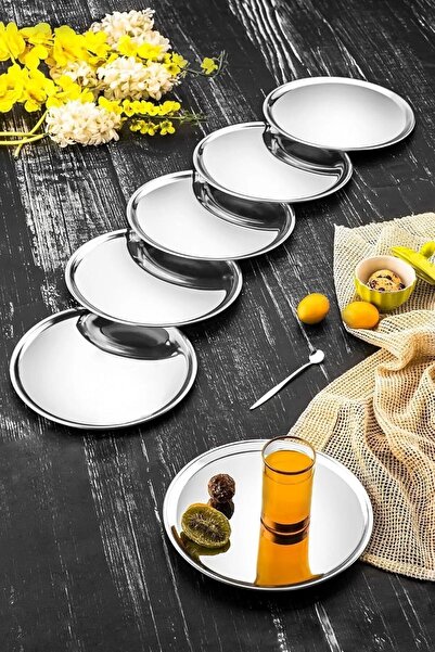 KT HOME طبق تقديم دائري 21 سم، صينية تقديم، كيك، كوكيز، طبق تقديم، صينية فولاذية 6 قطع