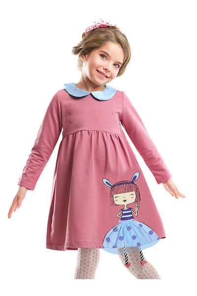 MSHB&G Rabbit Patterned Girl's Dried Rose Collar Long Sleeve Dress