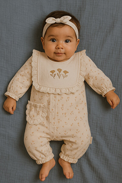 Lolons Çiçek Nakışlı Kız Bebek Tulum-Ekru