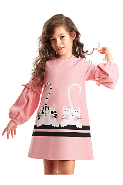 Denokids Rochie de iarnă cu mâneci cu balon roz pentru fată - Cute Friends Woven