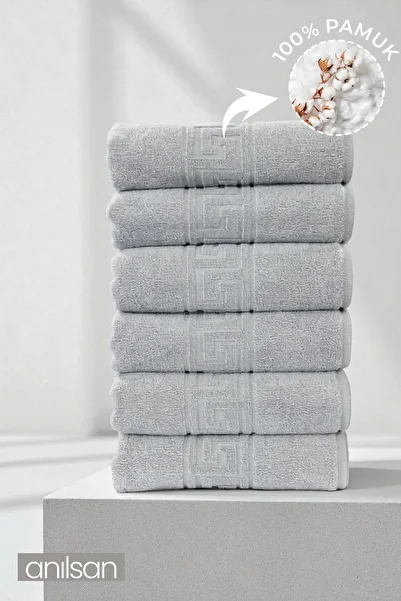 Anılsan Set of 6 Greek Gray Hand Towels - 50X90 Cm, 225 Gr, 100% Cotton, Spa and Hotel Towels