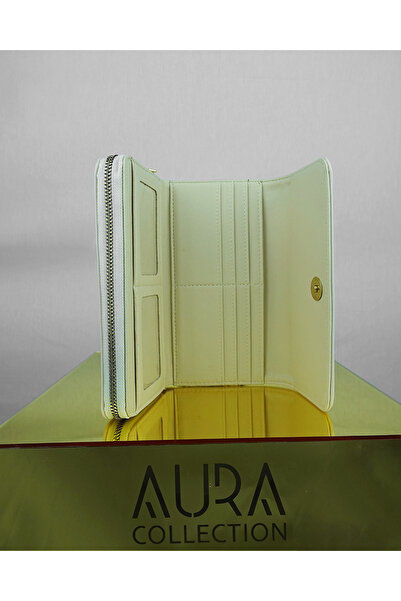 Aura Collection Online Valore Large Size Zippered and Multi-Compartment Faux Leather Women's Wallet - Cream