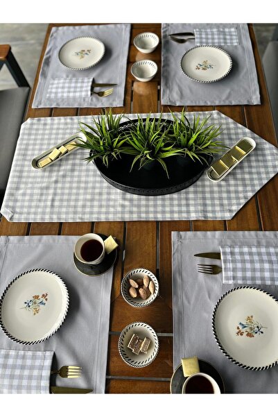 Tropikhome Amerikan Servis Pamuklu Supla Ve Runner Seti 6 Kişilik Gri Ekose D...