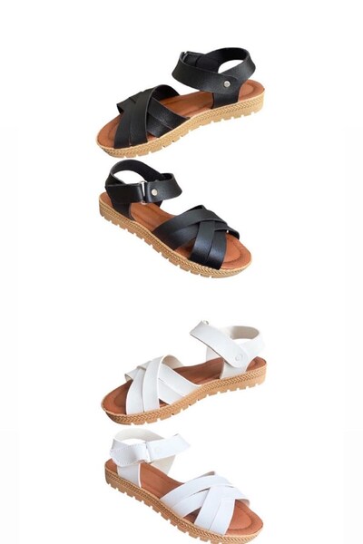 ALTUNTAŞ 2 Pcs ! Girls' Comfortable Sole Summer Velcro Summer Sandals Black and White 2 Pairs