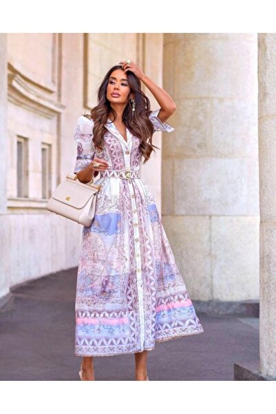 Butik Şenel Ζώνη με μοτίβο Zimerman Φόρεμα από λινό μακρύ μανίκι τριών τετάρτων