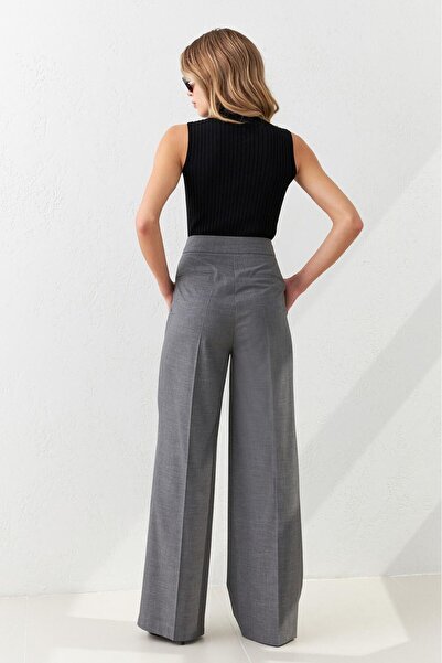Setre Gri Bel Detaylı Cepli Rahat Kesim Geniş Kalıp Pantolon