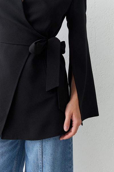 Setre Black Slim Fit Sleeve Detailed Jacket with Tie Detail at the Waist